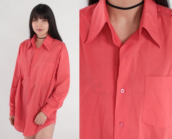 70s Button Up Shirt Coral Pink Long Sleeve Collar… - image 1