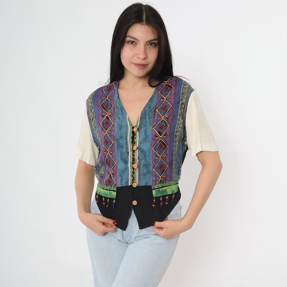 Vintage 90s Geometric Beaded Blouse Boho Short Sleeve Button Up Festival Top Tie Back Blue Purple Black 1990s Hippie Twofer Petite Medium M