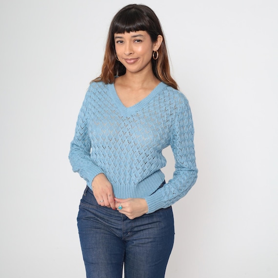 Crochet Sweater 70s Vintage Baby Blue Pointelle Knit V Neck Cropped Long Sleeve Open Knit Diamond Acrylic Boho Spring Summer Medium M