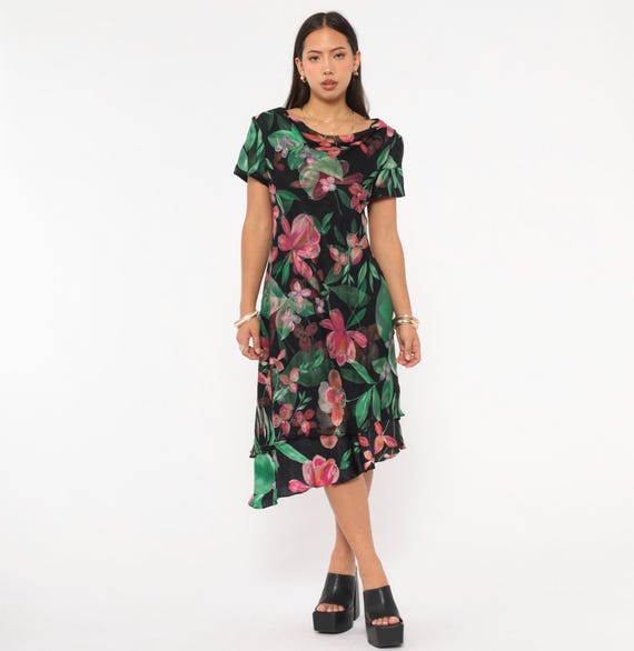90s Silk Dress Tropical Orchid Donna Ricco Black Floral Cowl Neck Layered Hem Chiffon Pink Green Botanical Summer Beach Spring Medium M