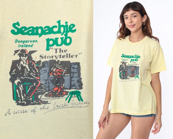 80s Seanachie Pub Shirt Dungarvan Ireland TShirt Irish Drinking T Shirt Graphic Seanachai Vintage Tee 1980s Yellow Screen Stars Large xl
