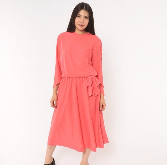 70s Coral Dress Pintuck Three Quarter Sleeve Blouson Bodice Side Tie Midi Peach Salmon Summer Bright Sheer Herman Marcus Vintage Large L