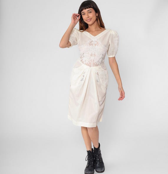 Vintage Sheer White Embroidered Dress 80s Puff Sleeve Cutwork Lace Panel Bohemian Midi Hourglass High Waisted 1980s Boho Romantic Small S