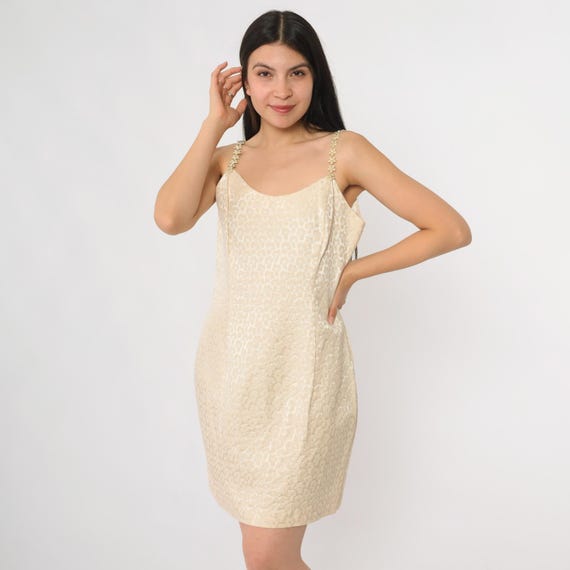 90s Jessica McClintock Mini Dress Gunne Sax Cream Gold Jacquard Floral Beaded Strap Cocktail Party Evening Formal Prom Dance Small S
