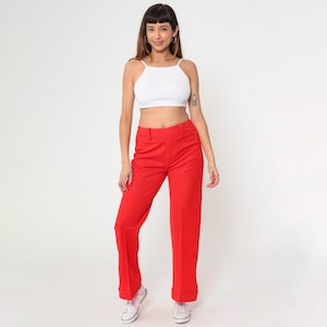 70s Red Flared Pants Vintage High Waisted Cuffed Trousers Boho Hippie Slacks 1970s Bohemian Creased Belt Loop Pants Medium M