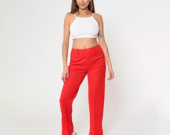 70s Red Flared Pants Vintage High Waisted Cuffed Trousers Boho Hippie Slacks 1970s Bohemian Creased Belt Loop Pants Medium M
