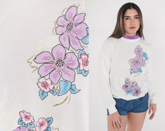 Glitter Floral Sweatshirt 90s White Flower Sweater Sparkly Leaf Graphic Shirt Purple Layered Mock Neck Blue Pink Gold Vintage 1990s Small S
