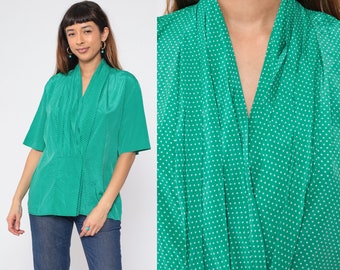 Green Polka Dot Blouse 90s Pleated V Neck Shirt Retro Short Sleeve Top V-Neck Secretary Summer Retro Boho Print Casual Vintage 1990s Large L