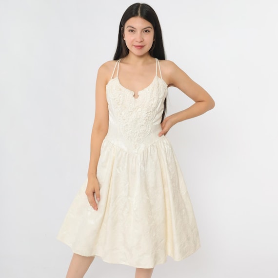 Vintage Jessica McClintock Dress 90s Ivory Satin Jacquard Lace Beaded Bodice Basque Waist Midi Strappy 1990s Formal Party Prom Small S