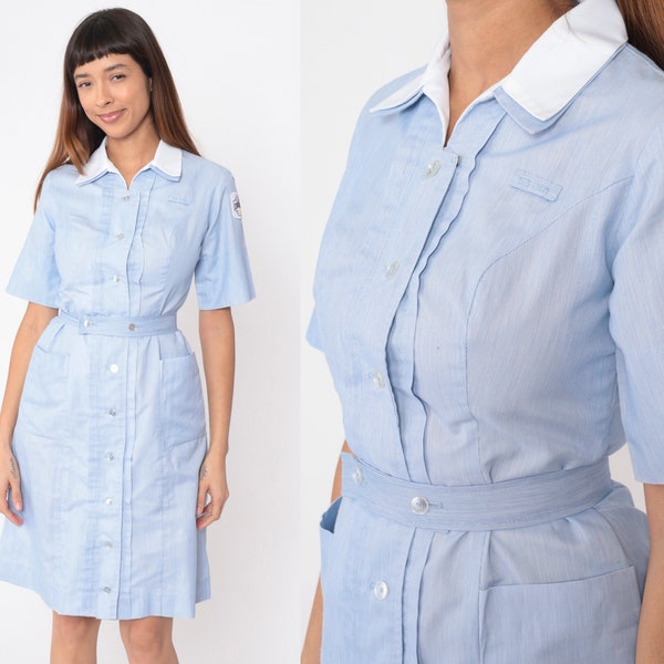 80s Nurse Uniform Dress Blue Candy Striper Outfit Loma Linda University Dress Button Up High Waist Short Sleeve 1980s Retro Vintage Small