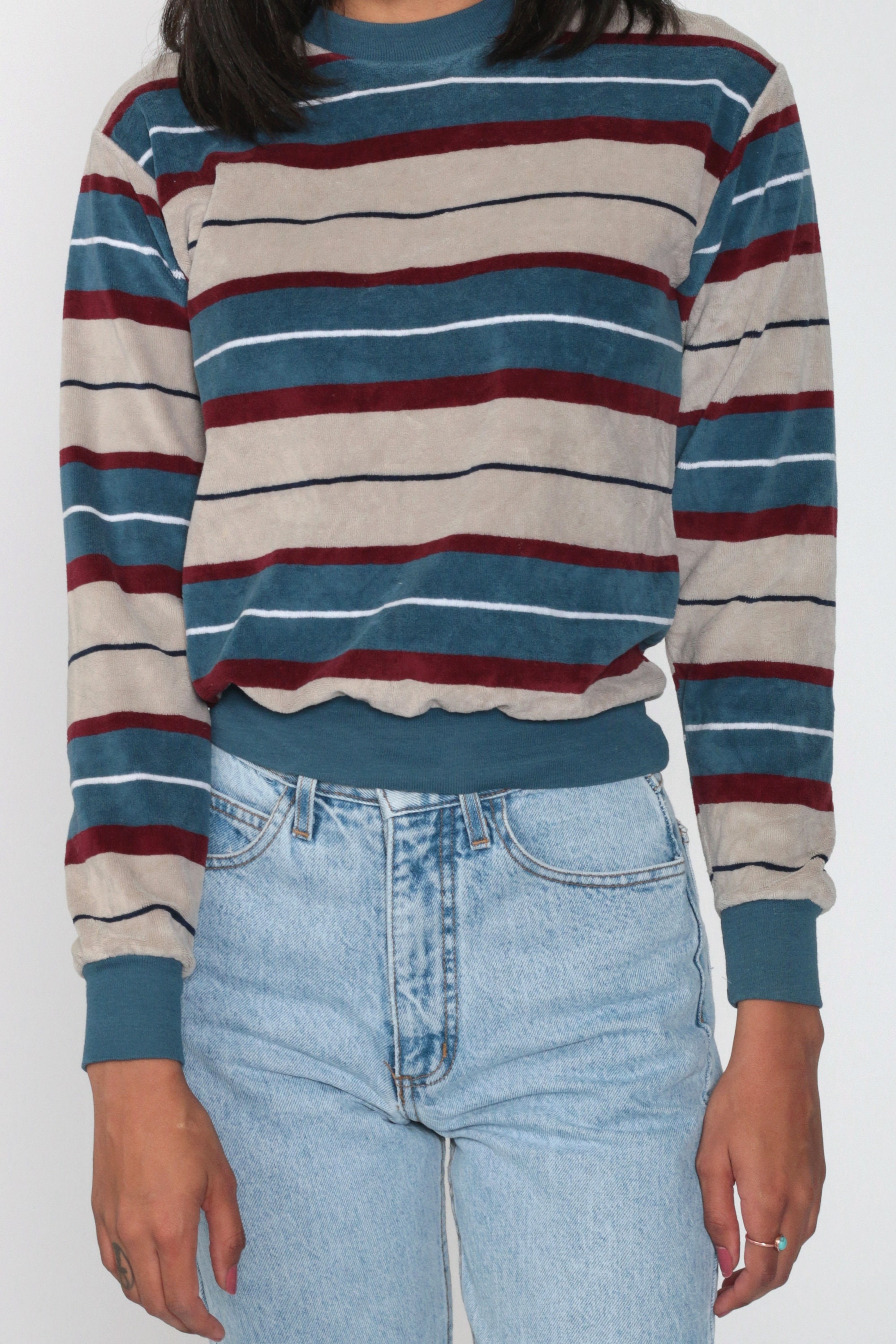 Striped Velour Sweatshirt 80s Sweatshirt Blue Taupe Top Campus Long
