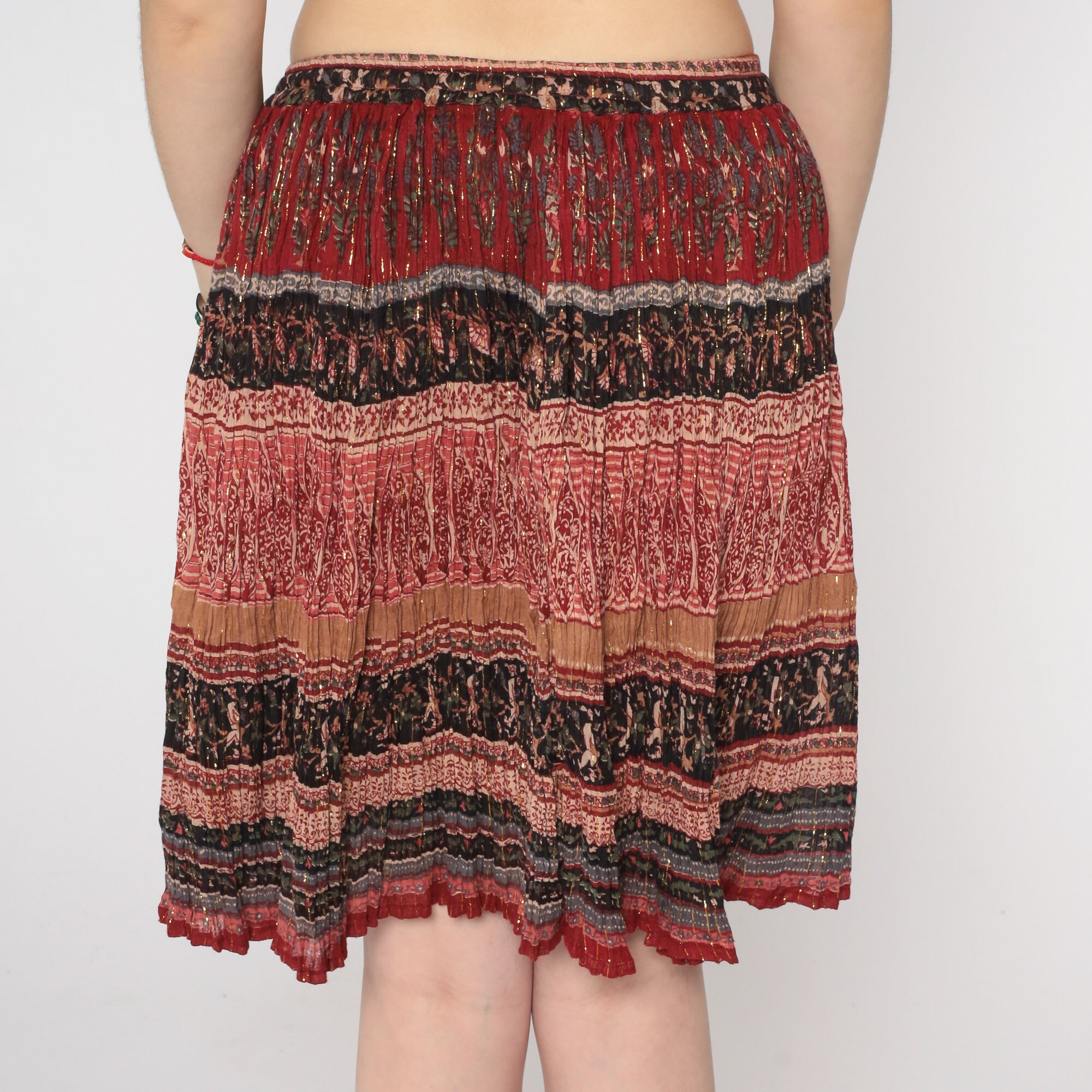 Gauze Broomstick Skirt 90s Red Metallic Floral Mini Bohemian Skirt