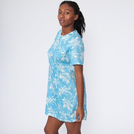 70s Mini Dress Abstract 60s Shift Mod Dress Blue … - image 4