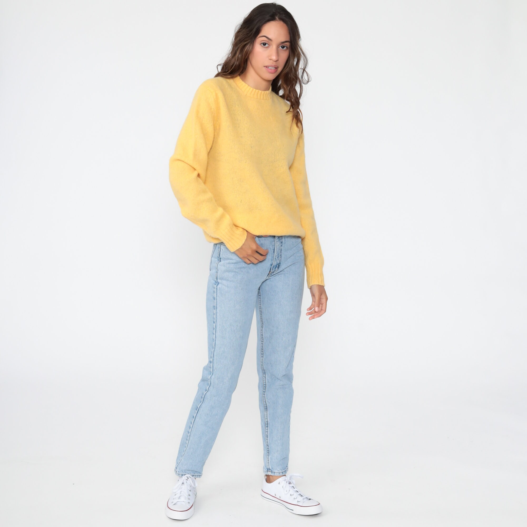 Yellow Wool Sweater 80s Slouchy Pullover Jumper Sweater Crewneck ...
