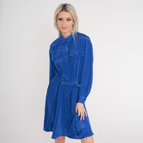 Polka Dot Dress 80s Blue White Mini Dress Button Up Shirtwaist High Waist Belt Secretary Long sleeve Preppy Retro Pinup Vintage 1980s Medium