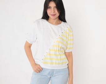 Vintage 80s Striped Shirt White Yellow Slouchy T-Shirt Retro Short Sleeve Top Banded Hem Basic Casual Color Block Tee 1980s Medium M