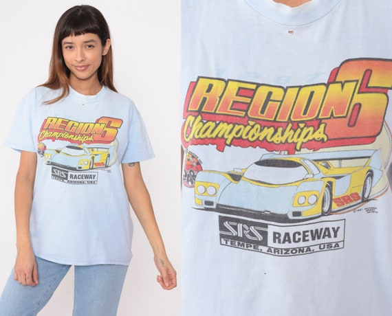 RC Car Racing Shirt 1987 Roar Region 6 Championships Shirt 80s SRS Raceway Tempe Arizona Tshirt 1980s T Shirt Distressed Baby Blue Medium