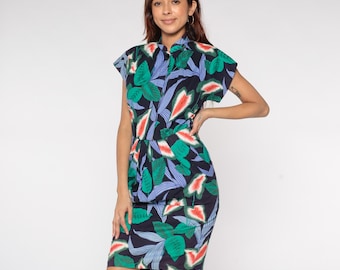 Tropical Leaf Dress 90s Navy Green Cotton Botanical Print Mandarin Collar Button Front Cap Sleeve Belted Waist Coral Blue Floral Small S