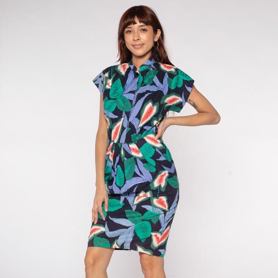 Tropical Leaf Dress 90s Navy Green Cotton Botanical Print Mandarin Collar Button Front Cap Sleeve Belted Waist Coral Blue Floral Small S