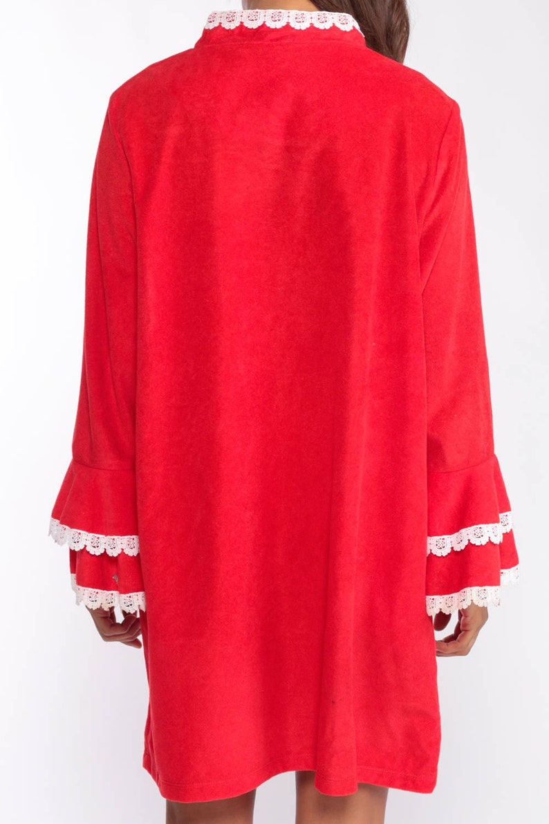 Pajama Robe Dress 70s Mini Lounge Wear Robe Red Lace Long Sleeve Loungewear Dress Tent Boho Hippie 1970s Shift Vintage Extra Large xl