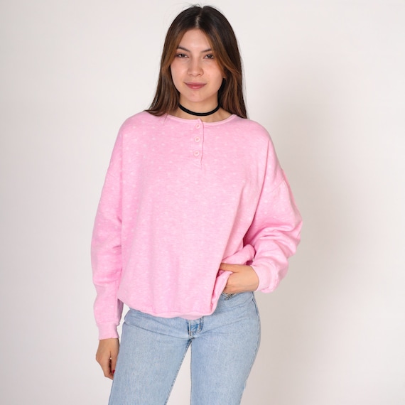 Polka Dot Sweatshirt 90s Bubblegum Pink Henley Sweatshirt Quarter Button Up Long Sleeve Shirt Pullover Sweater Retro Vintage 1990s Large L