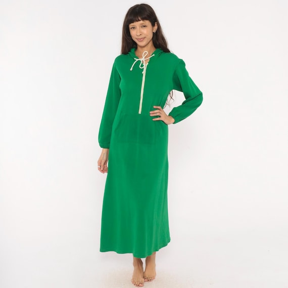 80s Green Hooded Dress Kangaroo Pocket Long Sleeve Balloon Cuff Emerald Sweatshirt Gown Sporty Athleisure Loungewear Cotton Vintage Medium M