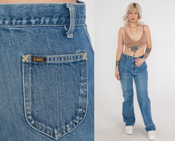 Bootcut Jeans 90s Lee Straight Leg Mom Jeans High Waisted Rise Denim Pants Retro Blue Basic Boot Cut Plain Vintage 1990s Medium 30