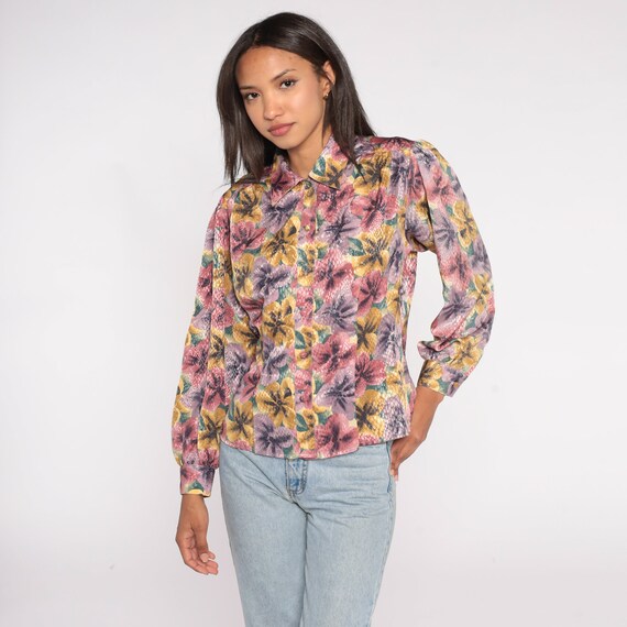 Embossed Floral Blouse 90s Long Sleeve Shirt Boho Shirt Button Up Top Pink Purple Flower Print Bohemian Vintage Collared Shirt Medium 8