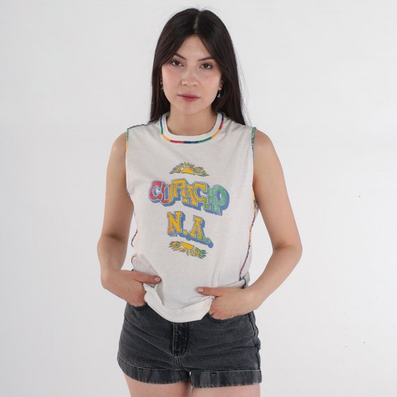 Vintage Curaçao Shirt 80s Netherlands TShirt Graphic Dutch Islands Sleeveless Caribbean Tank Top Travel Tee Paper Thin Worn Rainbow Small S