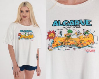 Algarve, Portugal Shirt 90s Portuguese T-Shirt Sun Map Graphic Tee Tourist Travel TShirt Single Stitch White Vintage 1990s Extra Large xl