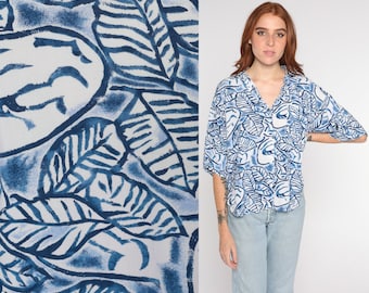 Leaf Print Shirt 90s Blue White Button Up Top Retro Surfer Vacation Short Sleeve Hipster Abstract Statement Vintage 1990s Rayon Large L