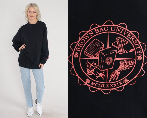 Brown Bag University Sweatshirt 80s Pullover Crewneck 1989 Sober Straight Edge Retro Graphic Shirt Logo Crest Black 1980s Extra Large xl