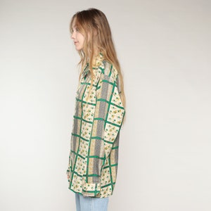 70s Disco Shirt Yellow Green Button up Checkered Paisley Equestrian Print Long Sleeve Top Horseshoe French Horn Vintage 1970s Mens Large L image 5