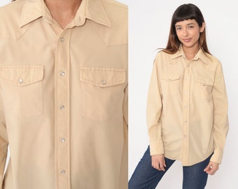 Western Shirt 70s Cream Pearl Snap Shirt Long Sleeve Button Up Retro Plain Rodeo Cowboy Ribbed Vintage 1970s Plain Large L