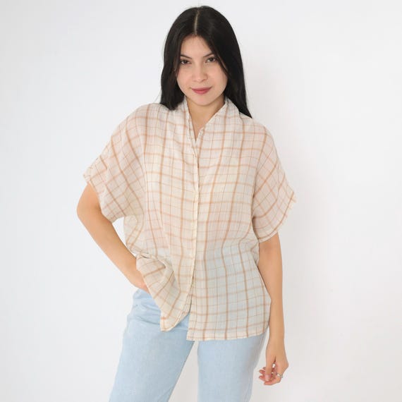 Vintage Sheer Checkered Blouse 80s Button Up Shirt Thin White Tan Short Sleeve Top Plaid Print Casual 1980s Medium Large