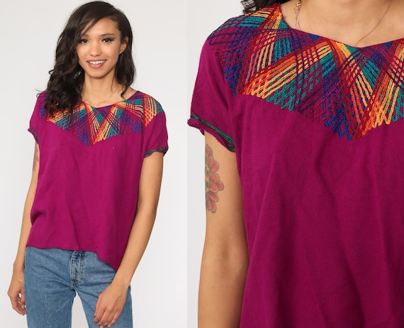 Purple Rainbow Shirt Hippie Shirt Striped Tunic Top 90s Boho Short Sleeve Bohemian Shirt Hippy Oversized Tent Small S