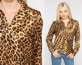Leopard Print Blouse 90s Animal Print Shirt Pointed Collar Long Sleeve Top Retro Party Glam Cocktail Cheetah Collared Vintage 1990s Small S