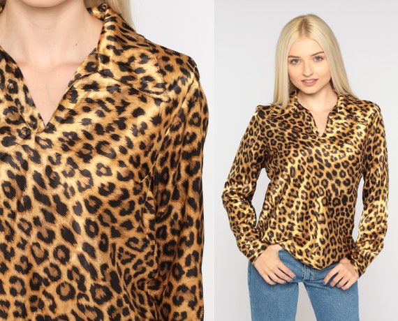 Leopard Print Blouse 90s Animal Print Shirt Pointed Collar Long