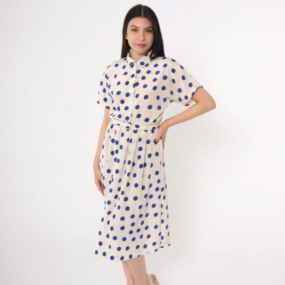 Vintage Polka Dot Shirt Dress White Blue Embossed 80s Button Up High Waisted Shirtdress Blouson Midi Short Sleeve 1980s Belted Small Petite