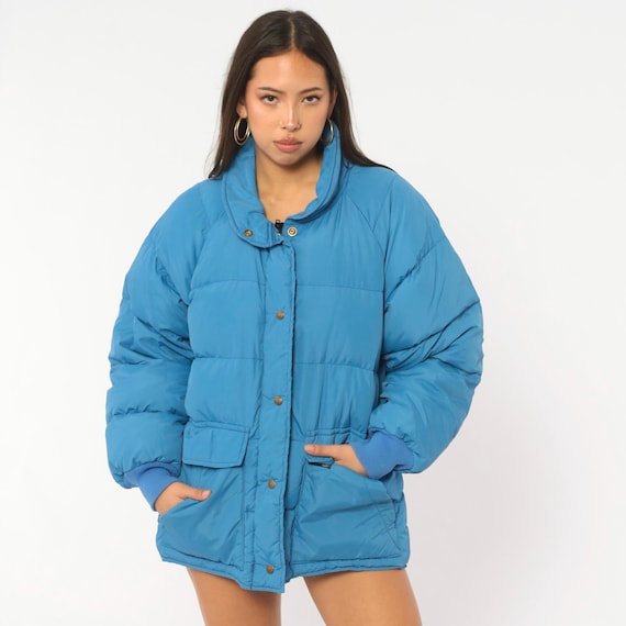 80s Eddie Bauer Puffer Jacket Cobalt Blue Down Coat Zip Snap Waist Pockets Boxy Winter Ski Gorpcore Outdoor Unisex Medium M