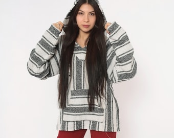90s Baja Hoodie White Black Striped Drug Rug Pullover Hooded Long Sleeve Kangaroo Pocket Woven Mexican Poncho Surf Hippie Sweater Large L