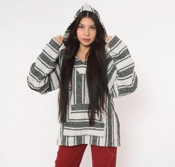 90s Baja Hoodie White Black Striped Drug Rug Pullover Hooded Long Sleeve Kangaroo Pocket Woven Mexican Poncho Surf Hippie Sweater Large L
