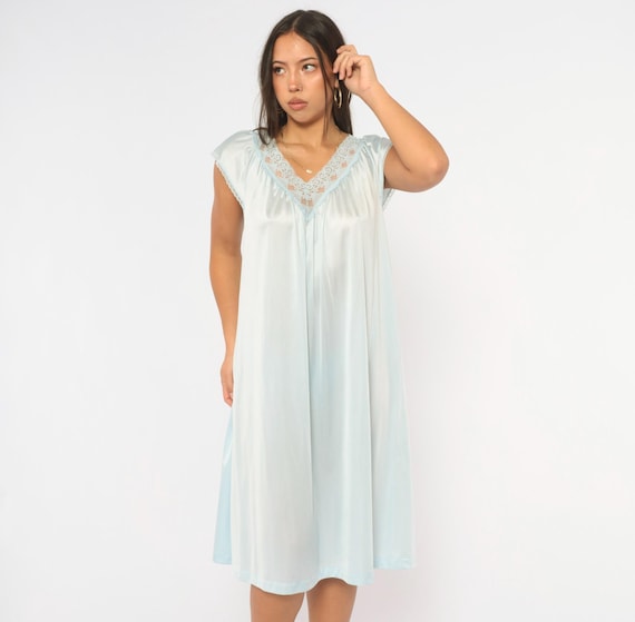 80s Vanity Fair Nightgown Baby Blue Lace V Neck Flutter Sleeve Sleep Dress Nightie Coquette Balletcore Lingerie Sleepwear Vintage Small S