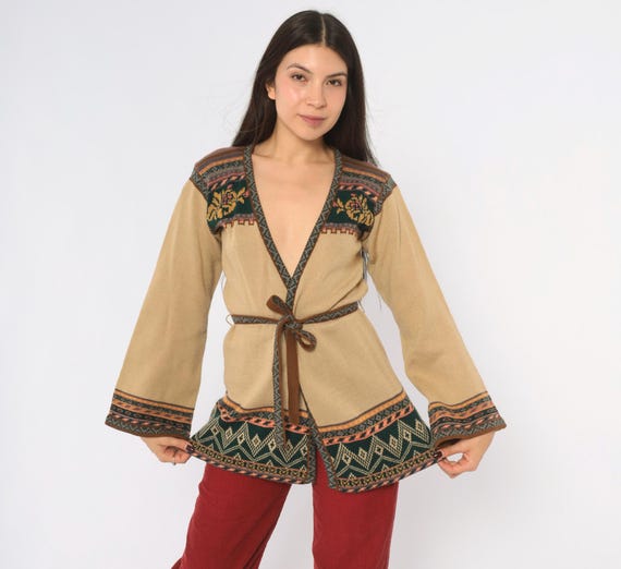 70s Southwestern Cardigan Knit Tie Waist Belted Bell Sleeve V Neck Floral Brown Nordic Fair Isle Hippie Western Tunic Sweater Womens Small S