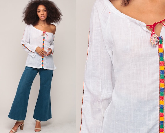 Hippie Boho Blouse 70s Tunic Top Semi SHEER Shirt 1970s Bohemian COTTON Peasant Top Vintage White 1970s Long Sleeve Shirt Medium Large