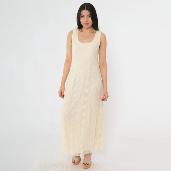 Vintage Cream Mesh Lace Dress 90s Floral Embroidered Maxi Grunge Scoop Neck Bohemian Summer Party Sleeveless Lined Sun Dress Large Petite