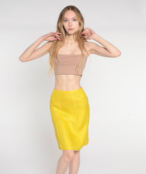 Vintage Yellow Pencil Skirt 60s Tweed Mini Skirt High Waisted Preppy Wiggle Retro Fitted Basic Girly Chic Secretary 1960s Extra Small XS