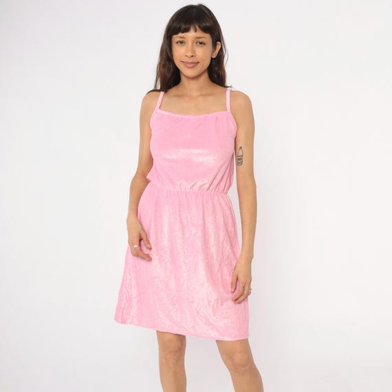 70s Pink Terrycloth Dress Sparkly Square Neck Disco Party Babydoll Metallic Shimmer Going Out Vintage Beach Summer Vacation Small Medium S M