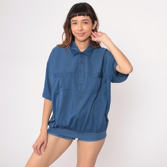 Navy Blu Polo e Button Front Blouse Oversized Cotton Shirt Collared Short Sleeve Vintage Pullover Elastic Waist Blouson Casual Top Large L