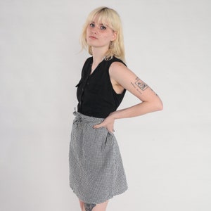 90s Mini Dress Black White Gingham Day Dress Sleeveless Button Up Shift Retro Chic Grunge Casual Minidress V Neck Vintage 1990s Medium 10p image 4